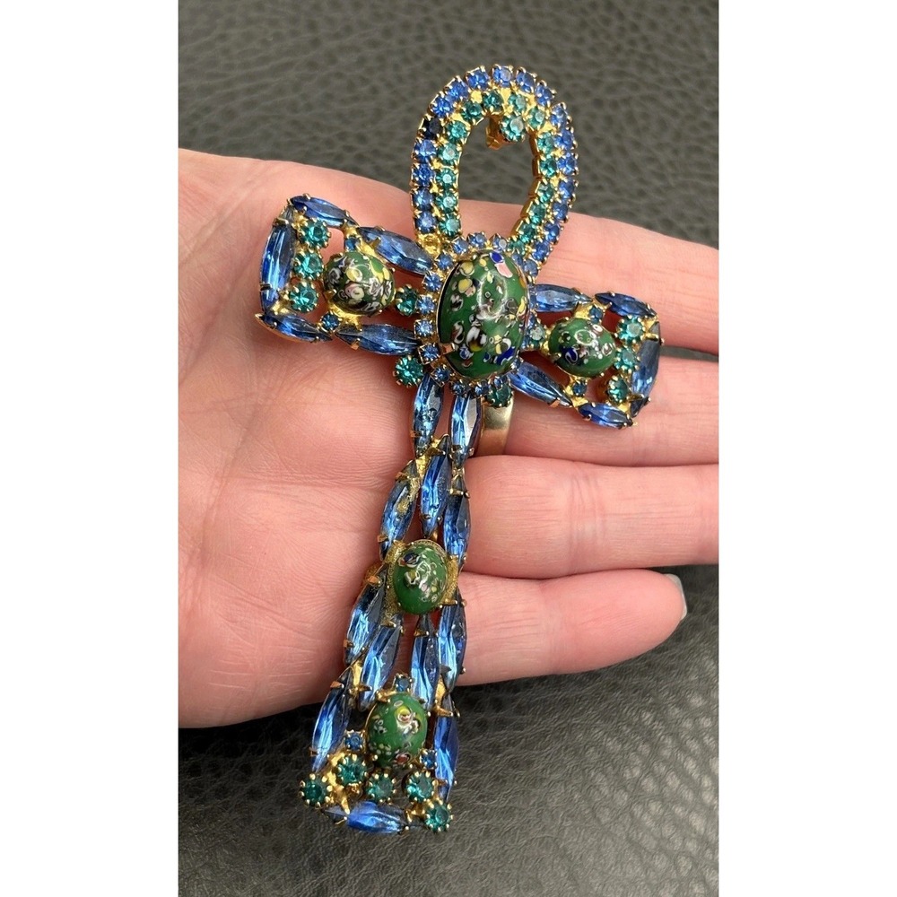 Alice Caviness Gold Tone Blue Green Millefiori Ankh Cross Brooch Pendant READ